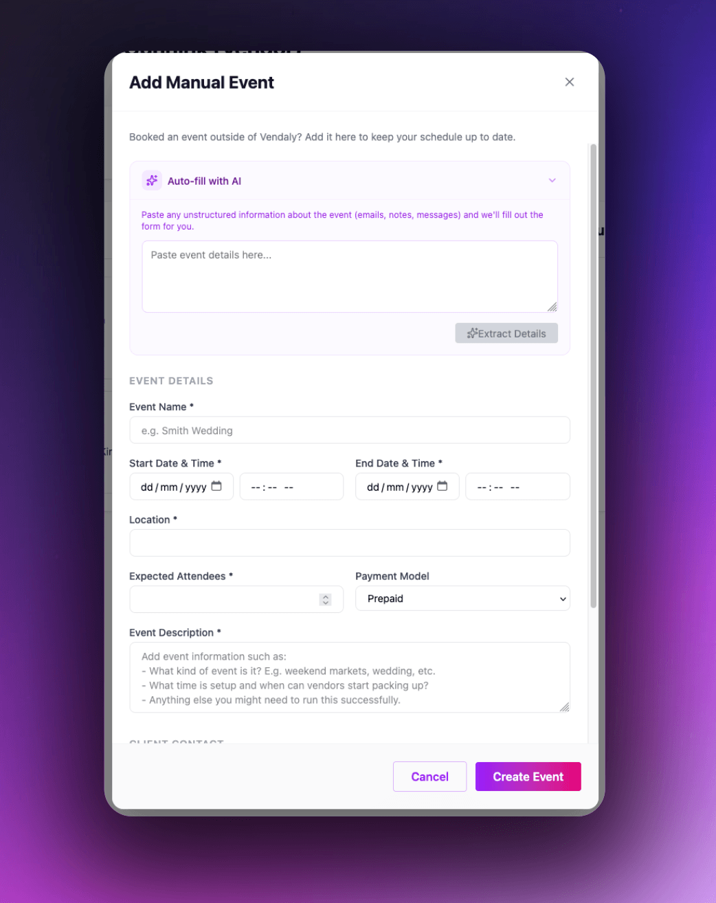 screenshot of the Auto-fill with AI panel in the Add Manual Event modal