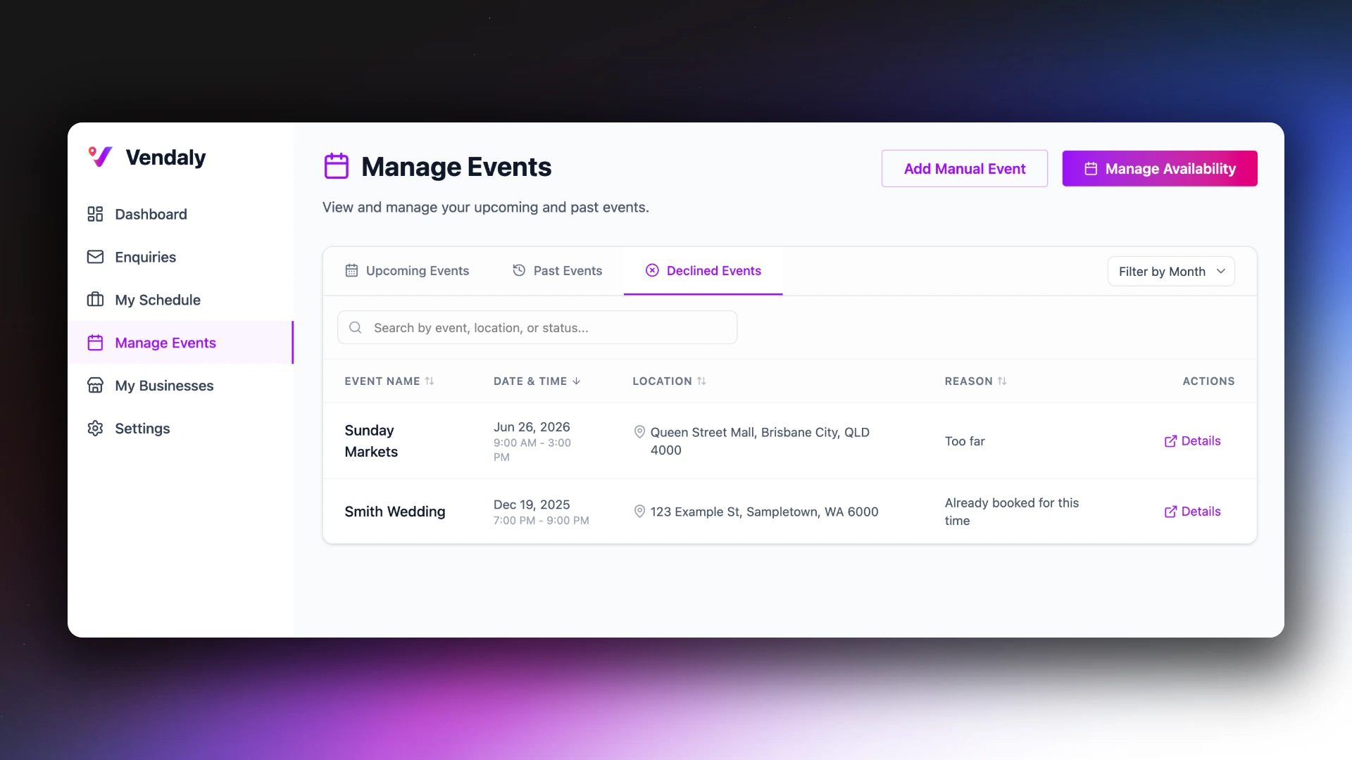 Image of the vendors declined events in a table view