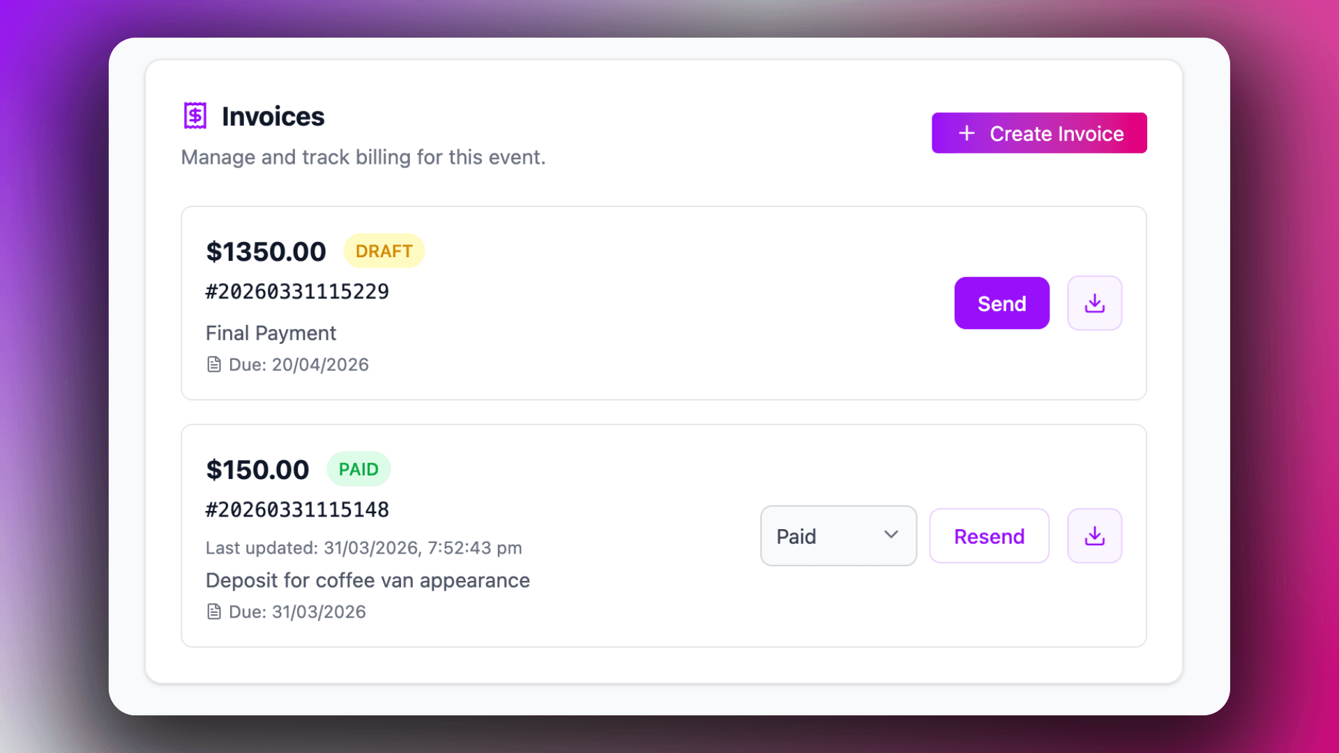 Image of the new event invoicing list on an event page