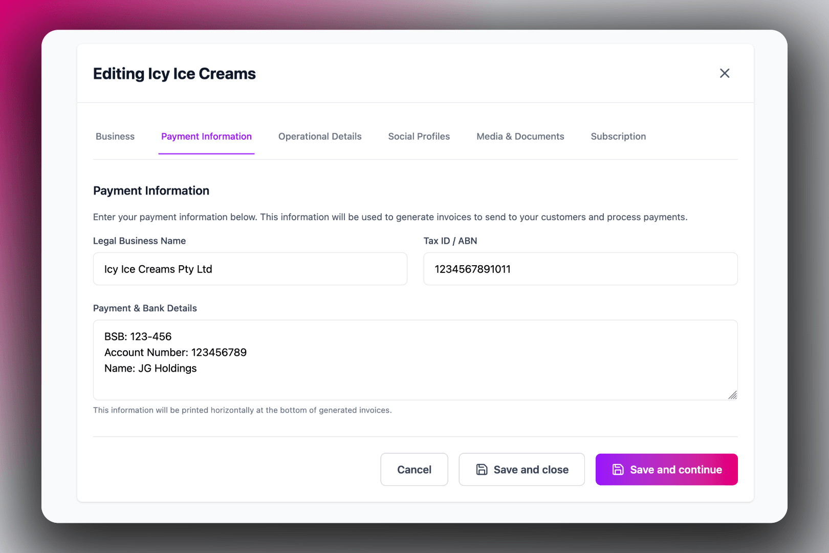 Image of the payment info tab in editing a business panel
