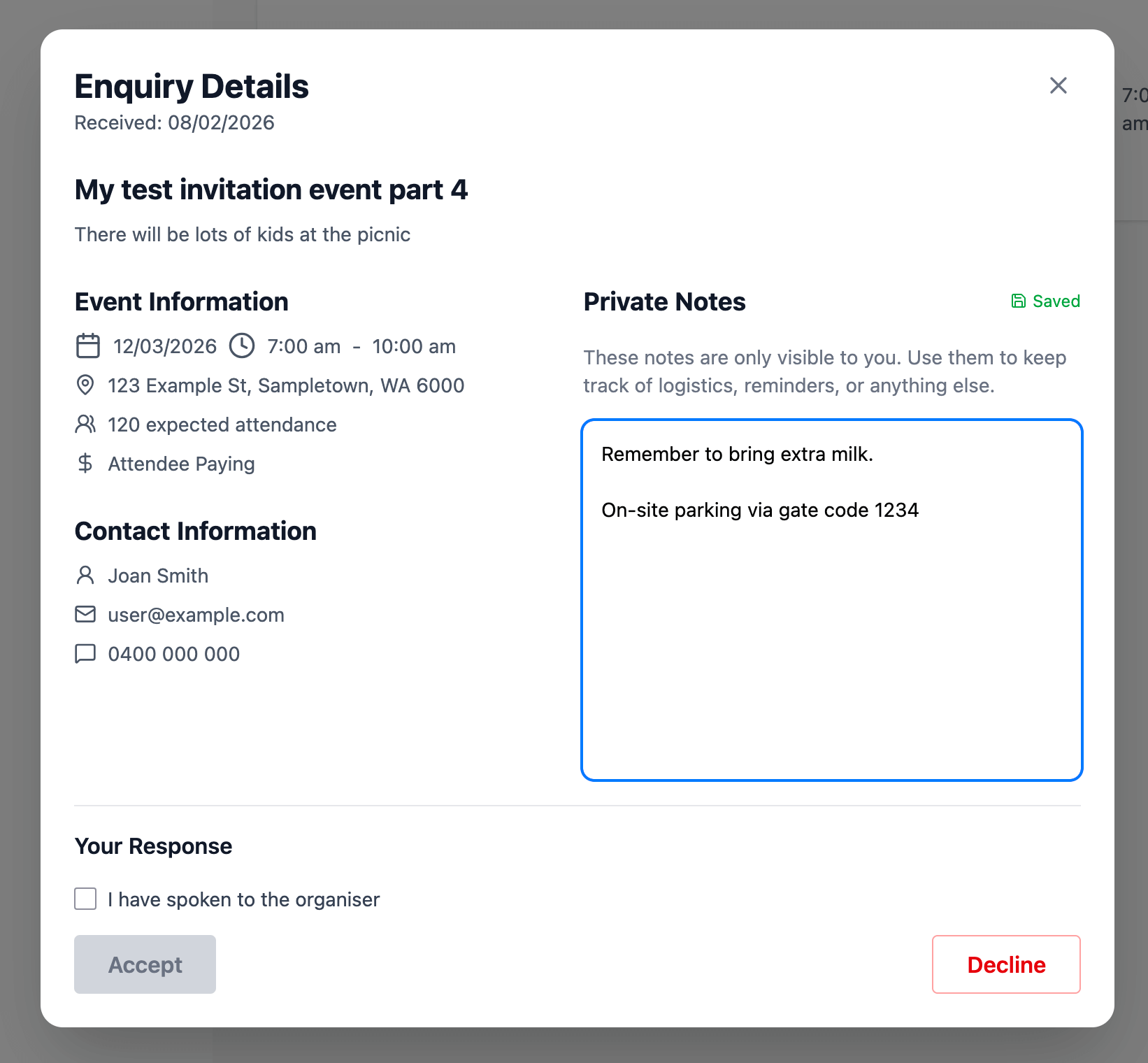 Vendor private notes on Invitation