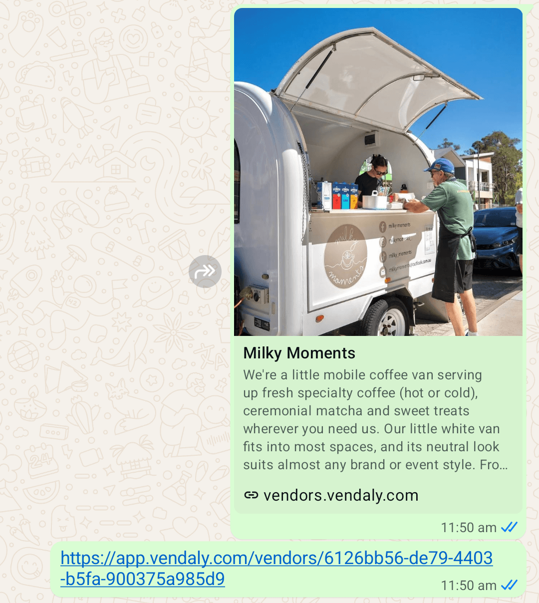 Image of a WhatsApp conversation showing the custom slug vs the original link